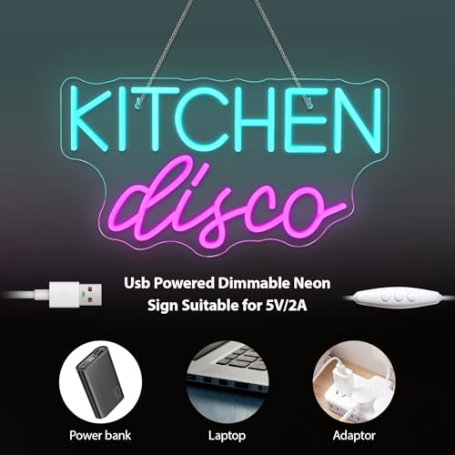 Image of JURONG Kitchen Disco Neon Signs for Wall Decor, Dimmable LED Neon Light USB Powered Light Up Signs for Home, Canteen, Restaurant, Cooking Room Party, Kitchen Decor Gift