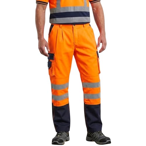 Image of DURUS WORKWEAR Mens Hi Vis Viz Plain & 2 Tone Polycotton Safety Work Trousers EN471 Class 1 Orange/Navy