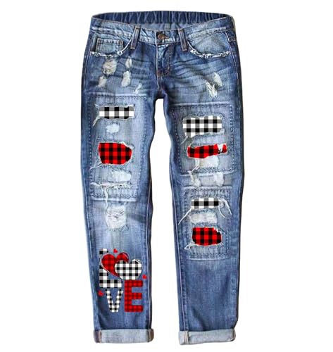 XUSAI Dark Blue,XXL,Pantalones Vaqueros elásticos de San Valentín para Mujer, Tiro Medio, Rasgados, con Estampado de Cuadros, Parche, Pierna Recta, Pantalones Vaqueros Boyfriend