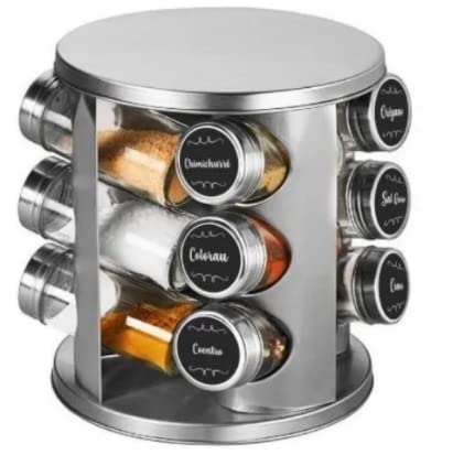 Porta Tempero e Condimento Suporte Giratório Redondo Inox 12 Potes de Vidro + Etiquetas + Canetinha