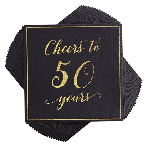 Heyiminy 20 Pack Cheers to 50 Years Napkins, Black and Gold 50th Birthday Napkins, 13 * 13 Inch Disposable Paper Cocktail Dinner Napkins for Birthday Wedding Anniversary Party Decorations (50 Years)