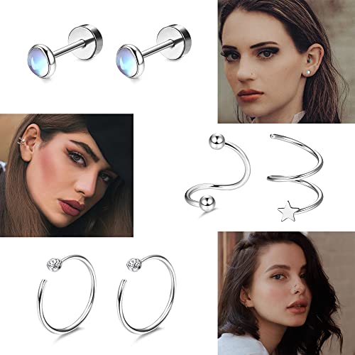 Dochais 25 Pairs Surgical Steel Stud Earrings for Women Multipack Cartilage Earring Opal Moonstone Turquoise Butterfly Flower Star Flat Back Earrings Silver4
