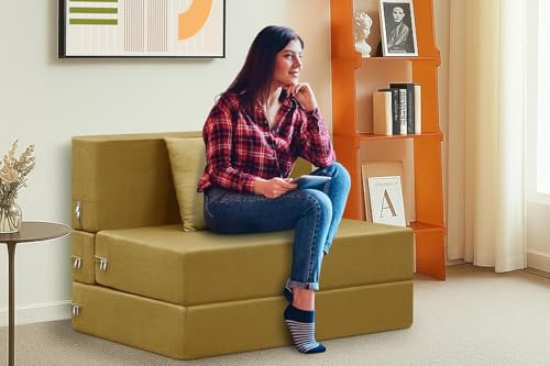 Image of Easy Foldable One Person Sofa Cum Bed Jute Fabric- Washable Cover- Including One Cushion- Size 3' X 6' Ft (Golden Color) Perfect for Home & Office for Guests