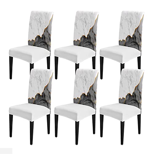 Marble Black Grey Dining Chair Cover Set of 4,Stretch Chair Protectors Slipcover,Spandex Kitchen Chair Seat Back Cushion Slip Cover for Dining Room,Party,Ceremony Minimalist Abstract Gold Modern Art
