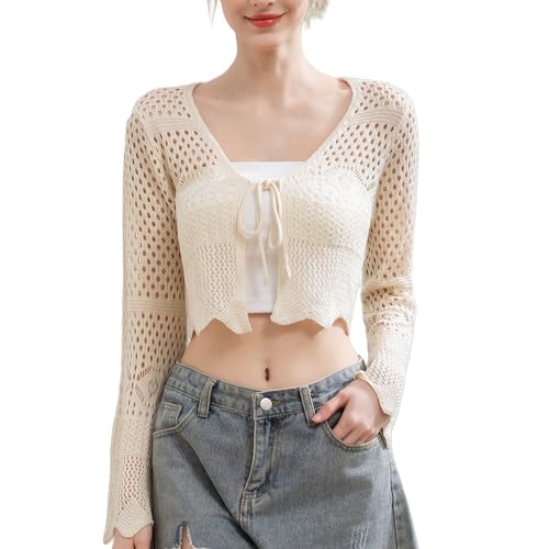 Women's Lightweight Summer V-Neck Tie Front Cropped Cardigan Bell Long Sleeve Crochet Knit Open Front Top