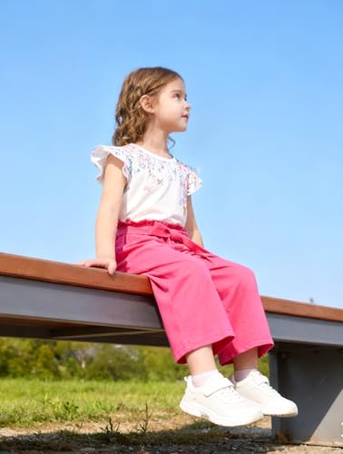 Image of Toddler Kid Girl Clothes Casual Ruffle Sleeve Floral Printed Top Solid Pants with Belt 3PC Outfit Set