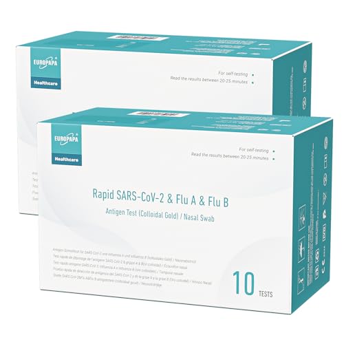 EUROPAPA 20x Corona Laientest Schnelltest und Grippe Test auf Covid-19 und Influenza A/B, Antigentest Selbsttest SARS-CoV-2 Flu A Flu B 3in1 Combo Rapid Test Cassette, für Zuhause, Einzelverpackt