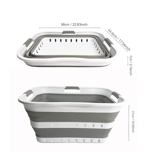 Image of SAMMART 42L (11 gallons) Set of 2 Plastic Foldable Storage Basket /Container - Collapsible, Space Saving and Portable Laundry Hamper, Ideal for Home, Travel, Dorm, and Camping (2, White /Grey)
