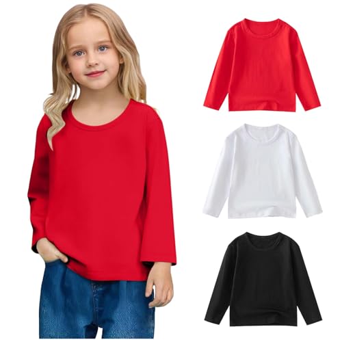 Kids Basic Cotton Shirts 3 Pack Girls Boys Long Sleeve Tshirt Crewneck Top Casual Solid Color T-Shirt Soft Comfy Tee
