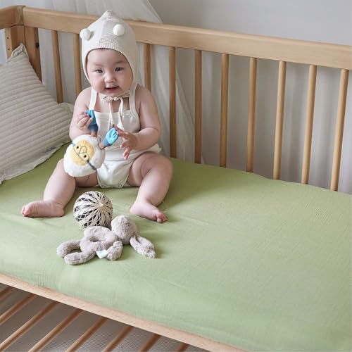 Image of Muslin Crib Sheets 2 PCS,100% Cotton Soft & Breathable Fitted Sheets for Baby Girls & Boys,Standard Crib & Toddler Mattress (52 inchx28 inch,Green)