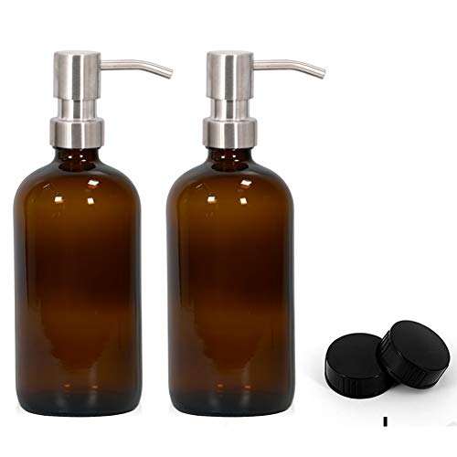 Glass Spray Bottles Empty 16oz Boston Round Bottle Refillable Container for Essential Oils with Funnel Lables Cleaning Products Aromatherapy Lotions Liquid Soaps (BrownSilver)