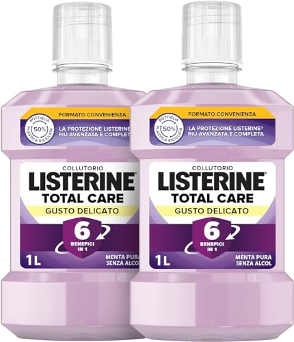 LISTERINE Total Care, Collutorio 0% alcol al gusto di Menta Pura, Collutorio senza alcool con 10 benefici in 1 per una protezione completa e denti più forti, 2x1L – Esclusiva Amazon