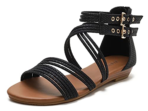 Thumbnail - Pexuya Damen Frauen Bohemian Sommerschuhe PU Leder Römisch Flach Sandalen S94 (Schwarz, 39)