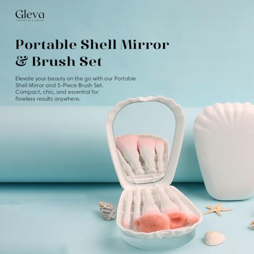 Image of Gleva Travel Size Mini Makeup Brushes Set with Mirror Small Complete Function Cosmetic 5 Pcs Brushes Kit Case Apply to Face Foundation Powder Concealers Eyebrow Eyeshadow (White (Shell Shape))