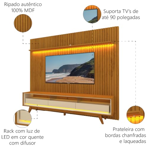 Rack Bancada Requinte Com Painel Ripado Para TV Até 90 Polegadas LED Nobre Madeirado/Off White Geliu