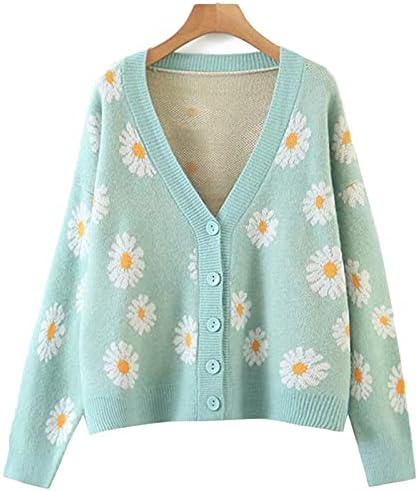 Women Knitted Sweaters Cardigans Floral V Neck Long Sleeve Girls Sweet Vintage Casual Coat Y2k Jumper (Color : Green, Size : F)