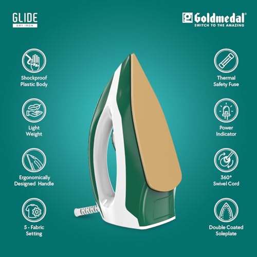 Image of Goldmedal Glide 1100W Dry Iron | Non-stick Weilburger Premium Double Coated Soleplate | 5 Fabric Setting |1.8 Meter Cord | 360 Swivel Cord | 2.5 Years Warranty | Light Weight (Peacock Green)