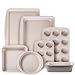 CAROTE 7-Piece Nonstick Stackable Baking Pans Set - Bakeware Sets Including Cookie Sheets for Baking, Muffin Pan, Bread Pan, Cake pan, Loaf Pan, Roasting Pan, Gray & Khaki