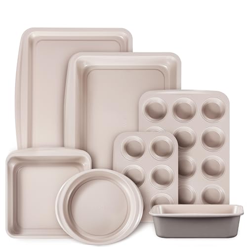 CAROTE 7-Piece Nonstick Stackable Baking Pans Set – Bakeware Sets Including Cookie Sheets for Baking, Muffin Pan, Bread Pan, Cake pan, Loaf Pan, Roasting Pan, Gray & Khaki