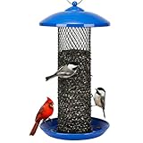 Kingsyard Mesh Tube Bird Feeders for Outdoors Hanging, All Metal, Wild Bird Feeder for Sunflower Seeds or Mealworm, Large Tray & Weatherproof Roof, 2.5 lbs Capacity (Blue)