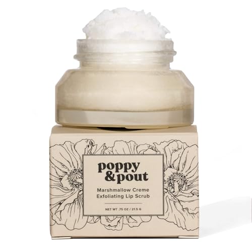 Poppy & Pout Natural Lip Scrub, Moisturizing Sugar Scrub for Dry Lips, Lip Scrubber Exfoliator with Essential Oils Smooths and Hydrates Lips, In Recyclable Glass Jars, Cruelty Free - Marshmallow Creme