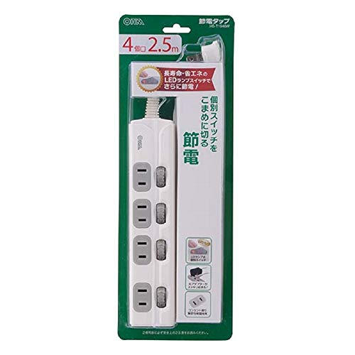オーム電機 LED個別スイッチ付き 節電タップ 4個口 2.5m [HS-T1946W]