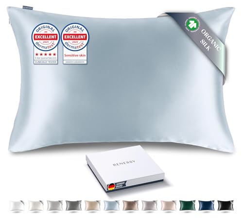 Premium Silk Pillowcase 100% Organic Mulberry Silk, 22 Momme, Grade 6A - Oeko-Tex Certified in Germany - Luxury for Hair & Skin, 1 Piece (Standard Size 20x26 Inches, Cloud Blue)