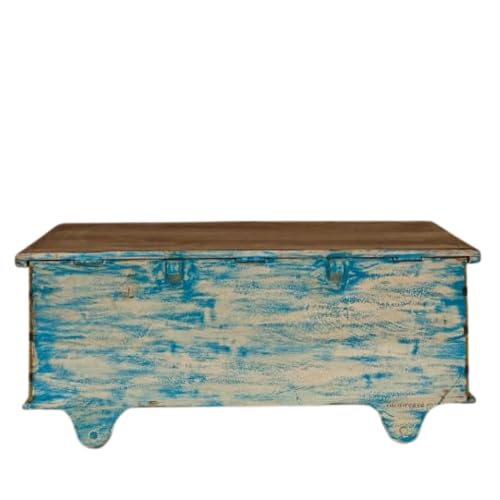 Image of Jave Wooden Trunk Box for Storage | Solid Wood Coffee Table for Living Room | Handcrafted Center Tea Table with Sandook Storage for Living Room | Pitara for Bedroom (Light Blue Distress)
