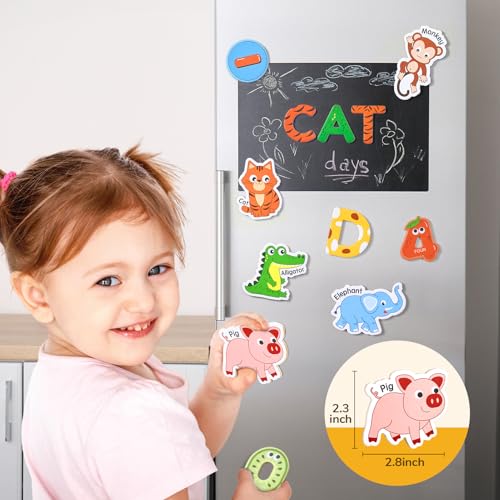 JoyCat Wooden Kids Magnets – 26 Cute Animals, Alphabet Uppercase Letters, and 0-9 Numbers, Fridge Magnets for Toddlers, Fun Educational Spelling Learning Gift for Toddlers & Kids