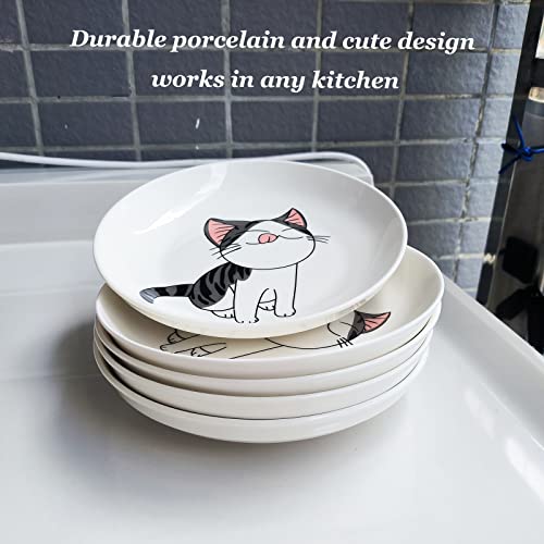 Set Of 5 Ceramic Plates With Cute Cat Design, 7.28 Inch Large Dessert Salad Porcelain Dinner Plates, Ceramic Dessert Dishes For Steak, Pasta, Pizza, Appetizer ( Dishwasher & Microwave Safe Dinnerware) #TOP6