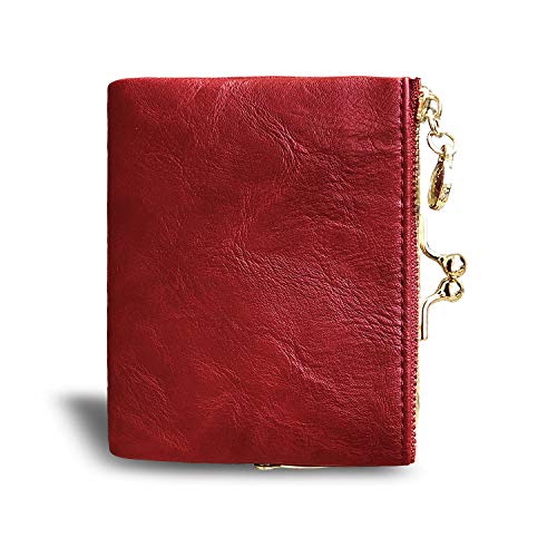 Image of AOXONEL Womens Wallet Small Rfid Ladies Compact Bifold Leather Vintage Coin Purse With Zipper and Kiss Lock (Red)