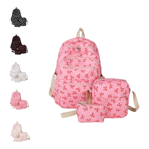 Bow Backpack for Women 3pcs Set, Kawaii Backpack Rucksack Aesthetic, Large Capacity Daypack with Crossbody Bag (Rose Red)