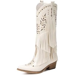 Bybmorto Cowboy Boots for Women - Fringe Knee High Cowgirl Boots with Classic Embroidery, Pointed Toe Pull on Retro Design, Perfect for Western Parties, Weddings and Events