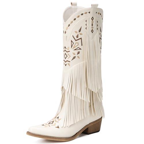 Bybmorto White Cowboy Boots for Women - Fringe Knee High Cowgirl Boots with Classic Embroidery, Pointed Toe Pull on Retro Design, Perfect for Western Parties, Weddings and Events Size 8