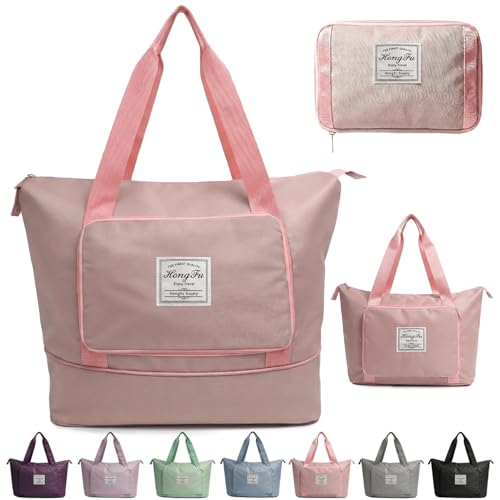 Image of 41L Expandable Travel Duffle Bag for Women | Waterproof Nylon Foldable Travel Bag | Overnight Luggage Handbag with Wet Pocket | Lightweight Carry-On Gym & Weekend Bag for Ladies (Pink)