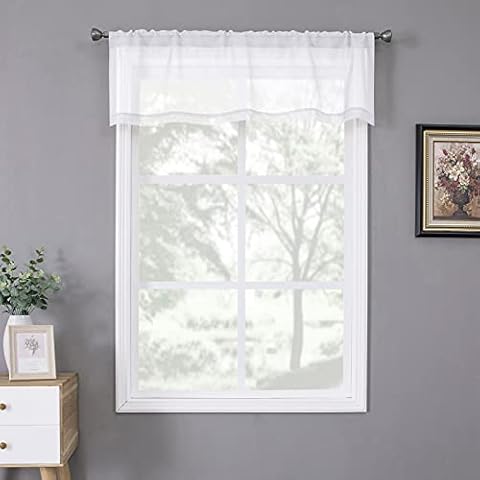 Tollpiz White Sheer Valance Linen Textured Bedroom Valance Curtains Sheer Light Filtering Rod Pocket Voile Curtain Valances for Living Room, 54 x 16 inches Long, Set of 1 Panel Cover