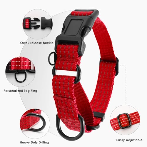 Image of Martingale Dog Collar, Reflective No Pull with Buckle, Red, S | Escape Proof without choking ,Training Collar with Quick Release Buckle, Adjustable Heavy Duty Nylon collars for S M L Dogs