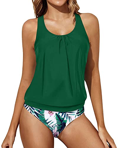 Yonique Women Two Piece Tankini Blouson Swimsuit Bathing Suits Racerback Swim Tank Tops With Bottoms Tummy Control Swimwear Green Leaves L #TOP4