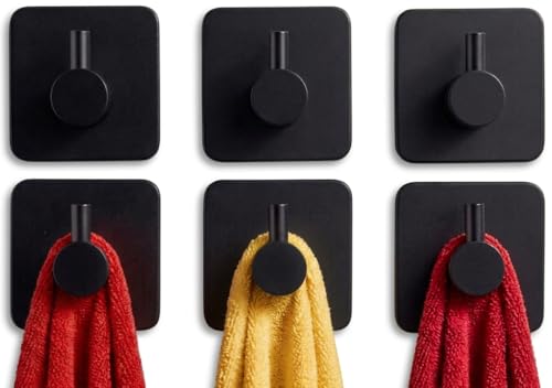 edihome, Ganchos Adhesivos para Pared, de Acero Inoxidable, Colgadores Resistentes sin Taladro, Diseño Cuadrado Moderno para Baño Cocina, Negro Blanco Gris (6, Negro)