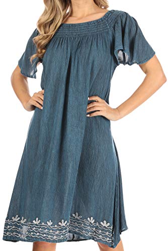 Sakkas 20191 - Desma Women Casual Loose Summer Off Shoulder Midi Boho Dress Cover-up - Denim Blue - OS