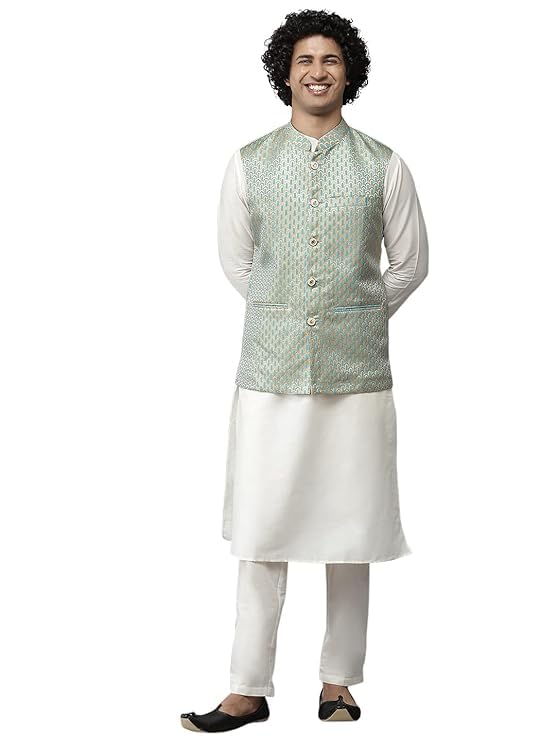 see designs Men Sea Green & White Solid Kurta Pyjamas With Nehru jacket-picture-24
