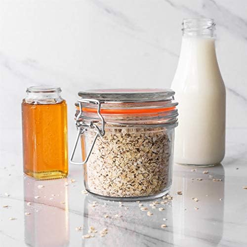 Argon Tableware 6x 350ml (0.35 Litre) Clear Glass Storage Jars with Chalkboard Stickers Orange Airtight Silicone Seal and Metal Clip Lids - 12.3oz Empty Kitchen Containers