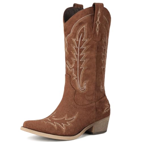 Image of Rivalran Cowboy Boots for Women - Cowgirl Boots with Embroidery, Chunky Heel Pointed Toe Pull-on Vintage Western Mid Calf Fashion Boots for Ladies