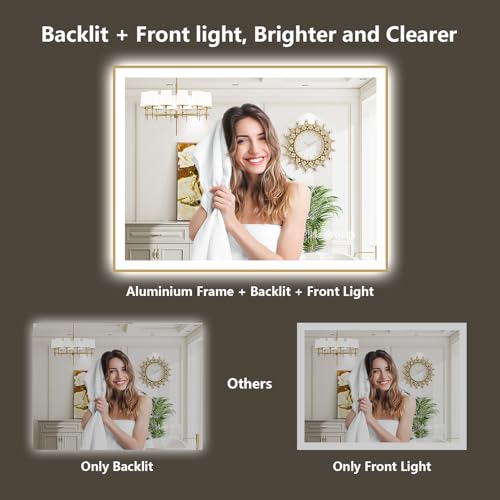 Image of 44x30 LED Bathroom Mirror with Lights, Gold Framed Lighted Mirror | Backlit and Front light, Anti-Fog, 3 Color Dimmable, Memory, Tempered Glass, IP54 Waterproof, UL Listed