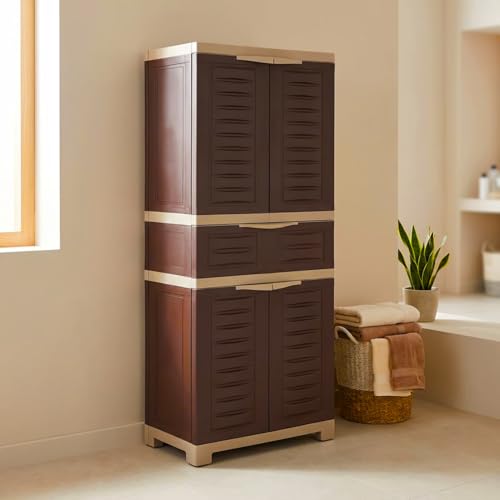 Image of Supreme Furniture Fusion 02 MDR 01 Multipurpose Plastic Cupboard | 40-Months Warranty* |2 Door Cabinet with 1 Drawerat Center | Spacious Shelves | Big Storage for Bedroom| DIY | Brown Beige