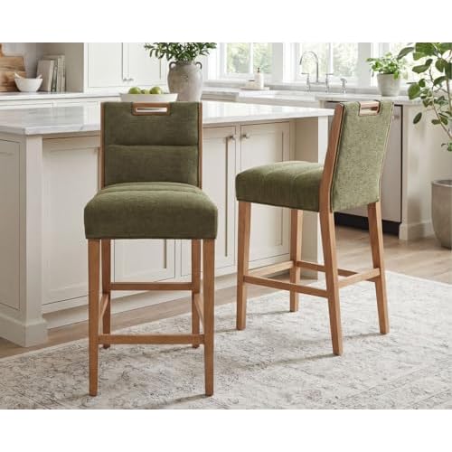 HNY 26 Inch Upholstered Modern Bar Stools Set of 2, Wooden Counter Height Barstools with 5" Thick Padded Seat & Cushioned Back, Armless Chenille Fabric Bar Chairs for Kitchen Island, Home Ba