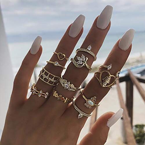 Simsly Vintage Rhinestones Ringen Set Gouden Bloemen Kunckle Ringen Stapelbare Joint Star Vingerringen Set Nail Accessoires Sieraden voor Vrouwen en Meisjes (Pack van 12)