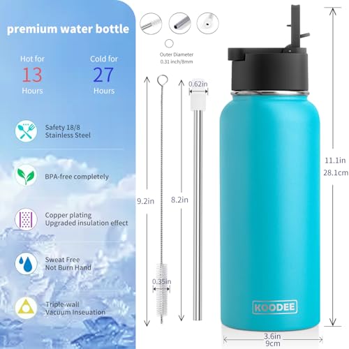 Image of koodee 32 oz Water Bottle with Wide Handle Straw Lid, Vacuum Insulated 18 /8 Stainless Steel Wide Mouth Flask (Sky Blue)