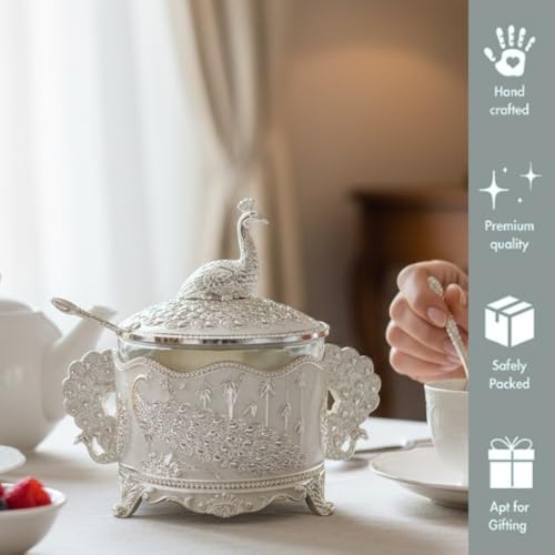 Image of Premium Decorative Peacock Design Sugar Pot | Jar with Spoon | German Silver-Plated Embossed Peacock Glass Container for Home Decor, Kitchen & Gifting