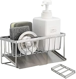 Sponge Holder for Kitchen Sink by IRONA, Stainless Steel Sponge Rack with Auto Overflow, Multifunctional Kitchen Sink Caddy Organizer, Soap Dish Dispenser Brush Holder, Sponge Drying Rack